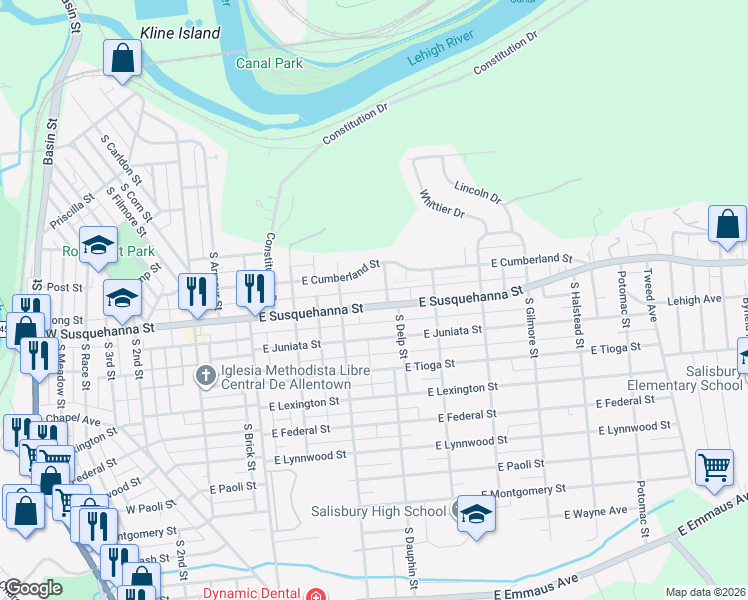 map of restaurants, bars, coffee shops, grocery stores, and more near 335 East Susquehanna Street in Allentown