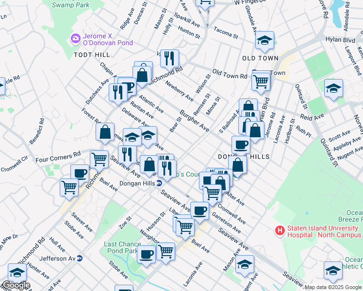 map of restaurants, bars, coffee shops, grocery stores, and more near 175 Delaware Avenue in Staten Island