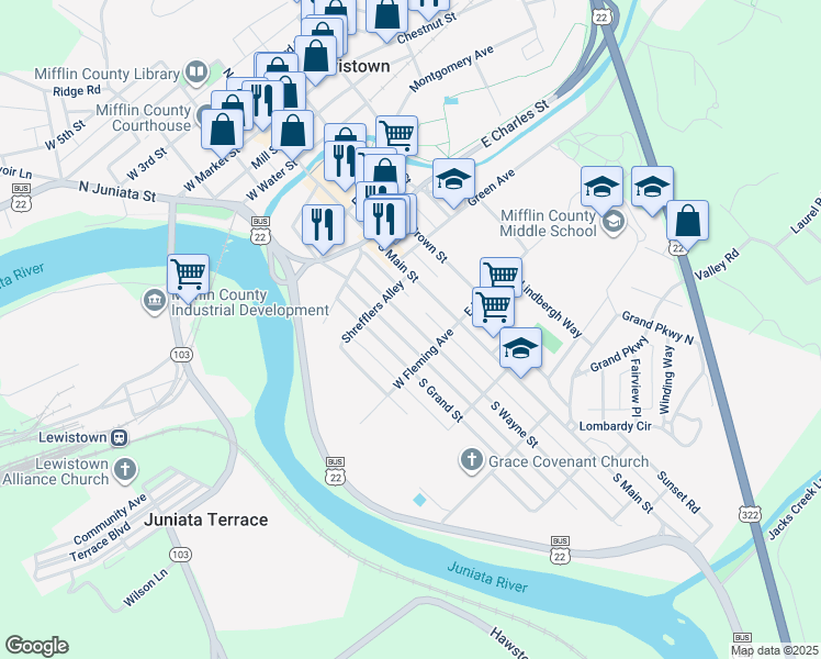 map of restaurants, bars, coffee shops, grocery stores, and more near 432 South Wayne Street in Lewistown