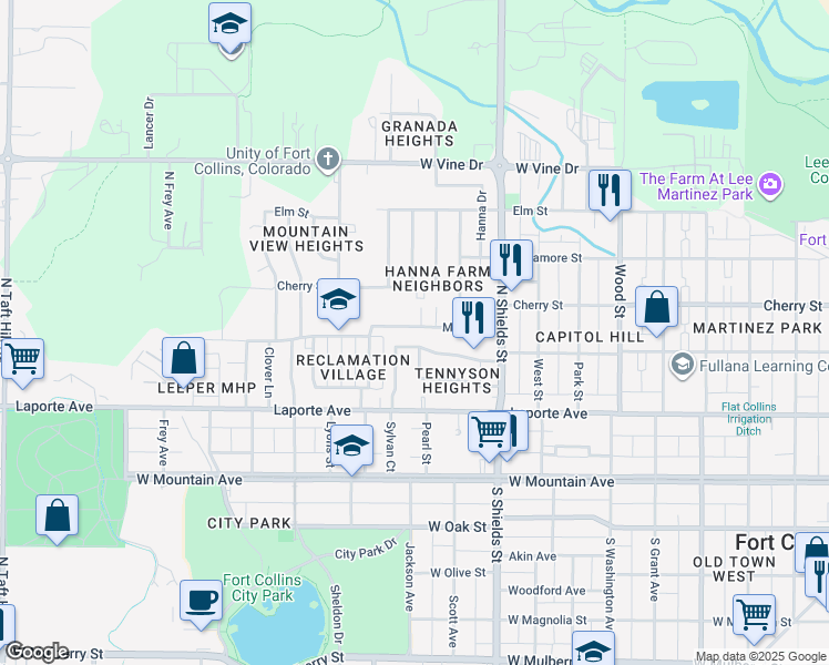 map of restaurants, bars, coffee shops, grocery stores, and more near 1229 Maple Street in Fort Collins