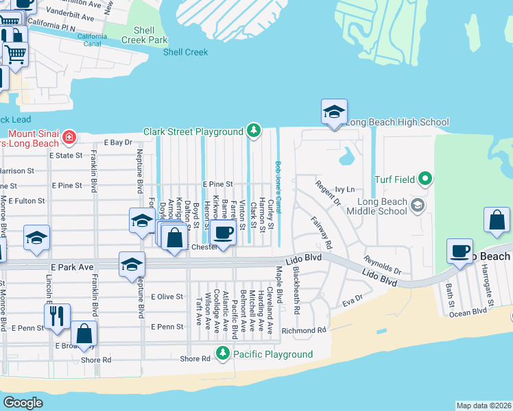 map of restaurants, bars, coffee shops, grocery stores, and more near 36 Clark Street in Long Beach