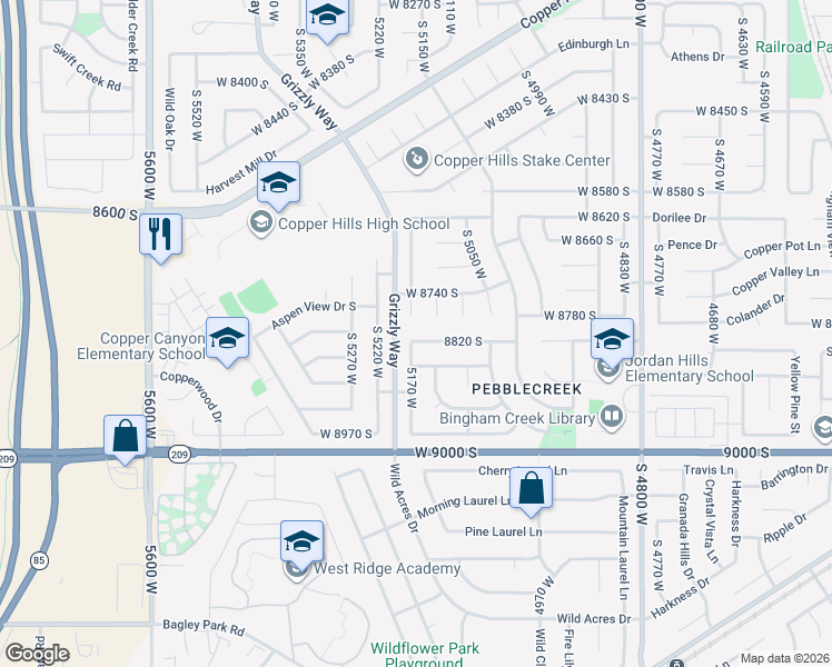 map of restaurants, bars, coffee shops, grocery stores, and more near 5166 West 8820 South in West Jordan
