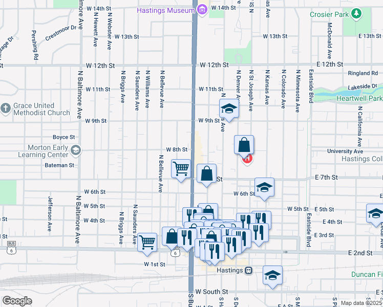 map of restaurants, bars, coffee shops, grocery stores, and more near 747 North Burlington Avenue in Hastings