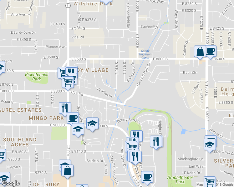 map of restaurants, bars, coffee shops, grocery stores, and more near 8811 South 910 East in Sandy