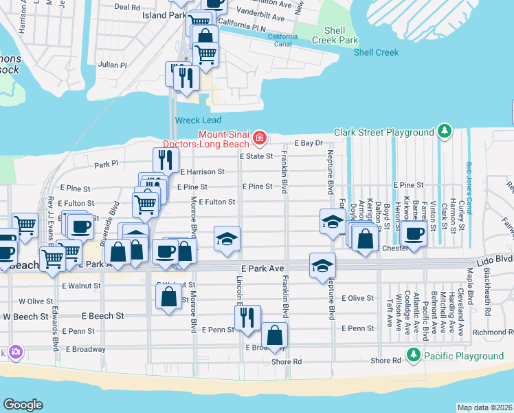 map of restaurants, bars, coffee shops, grocery stores, and more near 428 East Fulton Street in Long Beach