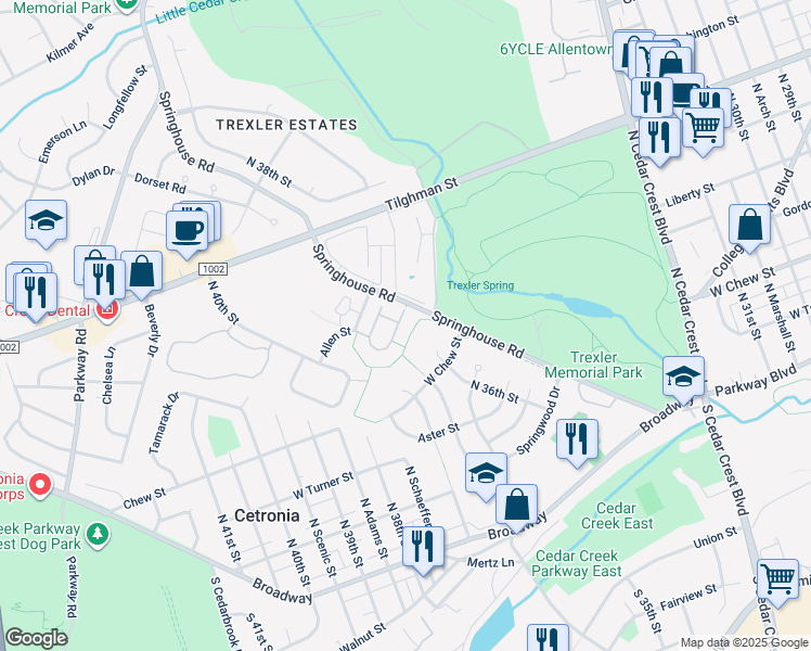 map of restaurants, bars, coffee shops, grocery stores, and more near 538 Parkside Court in Allentown
