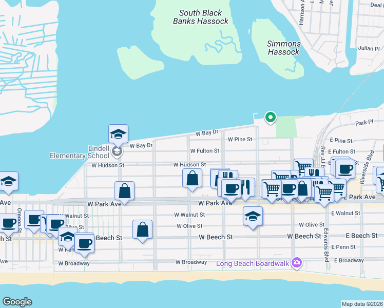 map of restaurants, bars, coffee shops, grocery stores, and more near 380 West Fulton Street in Long Beach