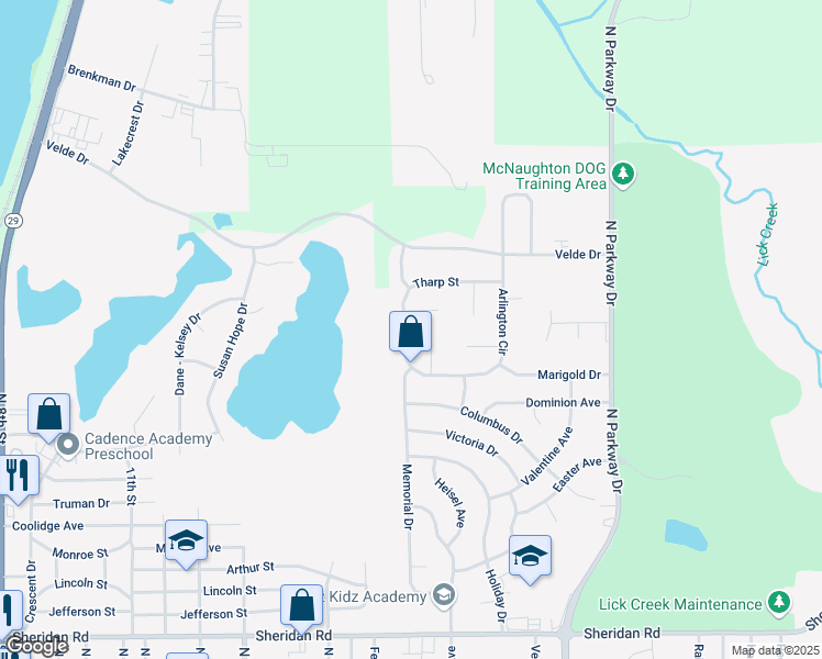 map of restaurants, bars, coffee shops, grocery stores, and more near 1806 Tharp Street in Pekin