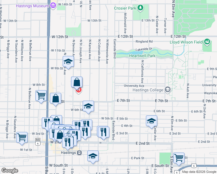 map of restaurants, bars, coffee shops, grocery stores, and more near 746 North Minnesota Avenue in Hastings