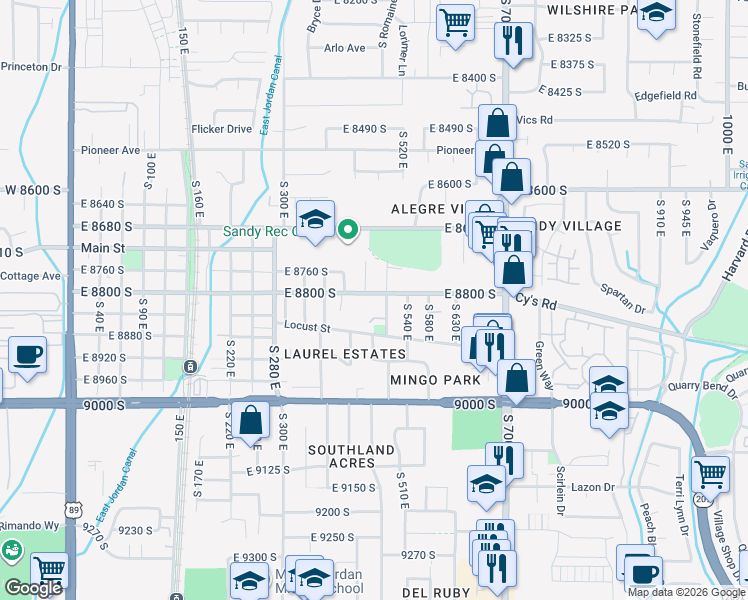 map of restaurants, bars, coffee shops, grocery stores, and more near 472 East 8800 South in Sandy