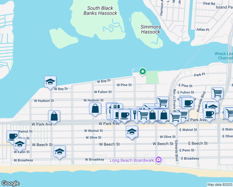 map of restaurants, bars, coffee shops, grocery stores, and more near 572 Laurelton Boulevard in Long Beach
