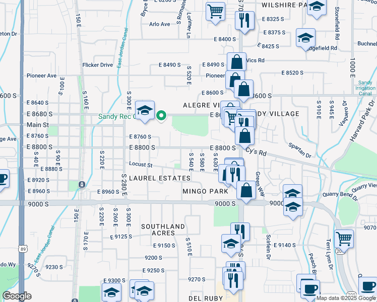 map of restaurants, bars, coffee shops, grocery stores, and more near 530 East 8800 South in Sandy