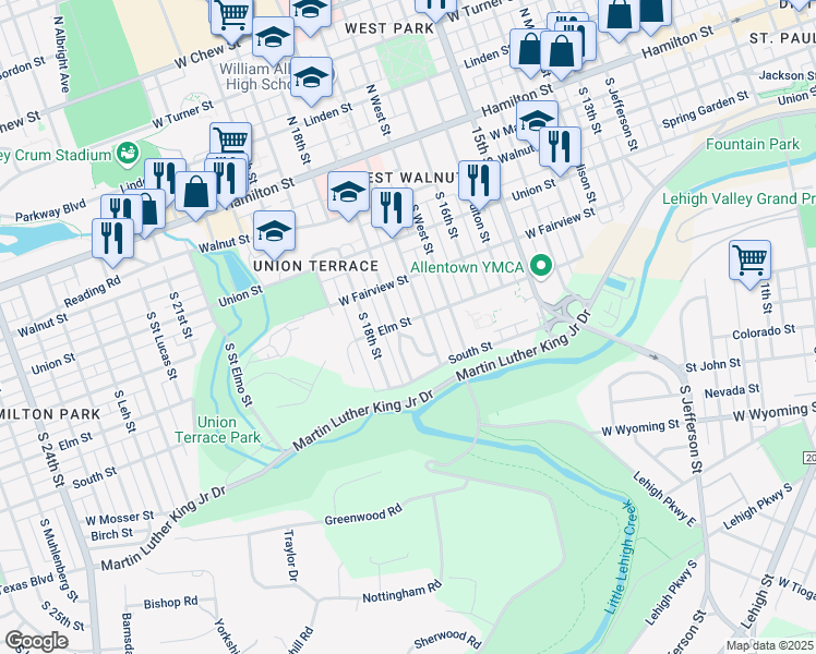 map of restaurants, bars, coffee shops, grocery stores, and more near 1716 Elm Street in Allentown