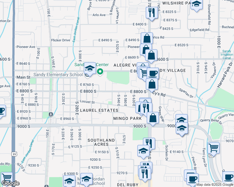 map of restaurants, bars, coffee shops, grocery stores, and more near 530 East 8800 South in Sandy