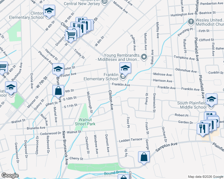 map of restaurants, bars, coffee shops, grocery stores, and more near 1115 Clinton Avenue in South Plainfield