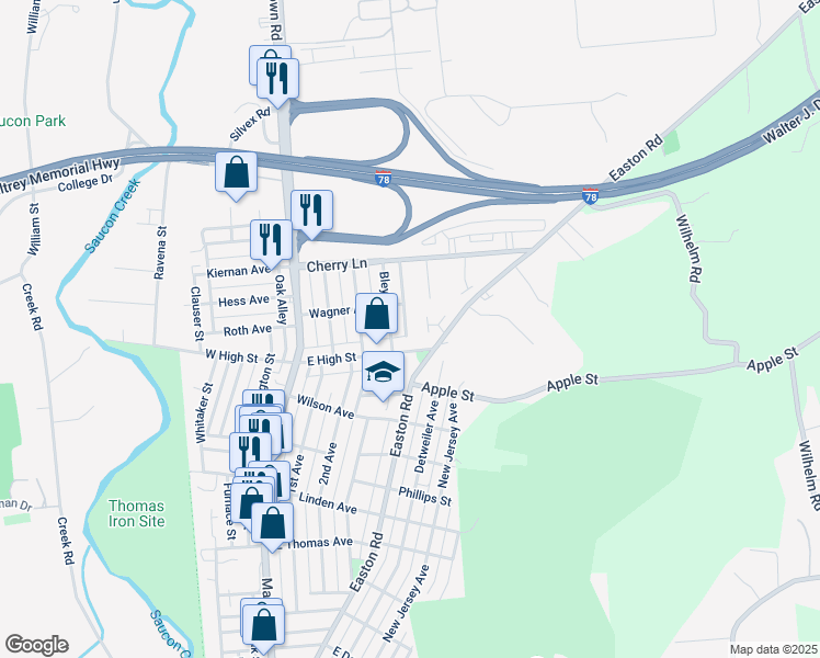 map of restaurants, bars, coffee shops, grocery stores, and more near 1523 Zimpfer Lane in Hellertown
