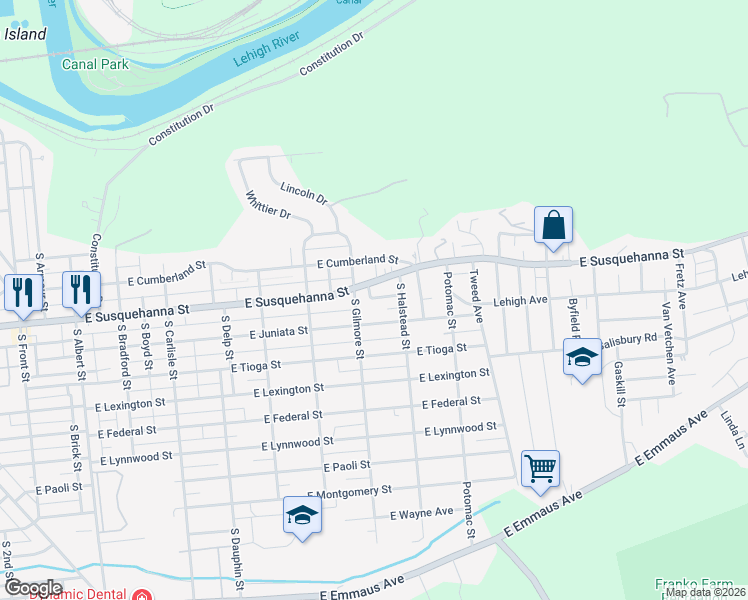 map of restaurants, bars, coffee shops, grocery stores, and more near 712 South Glynn Street in Allentown