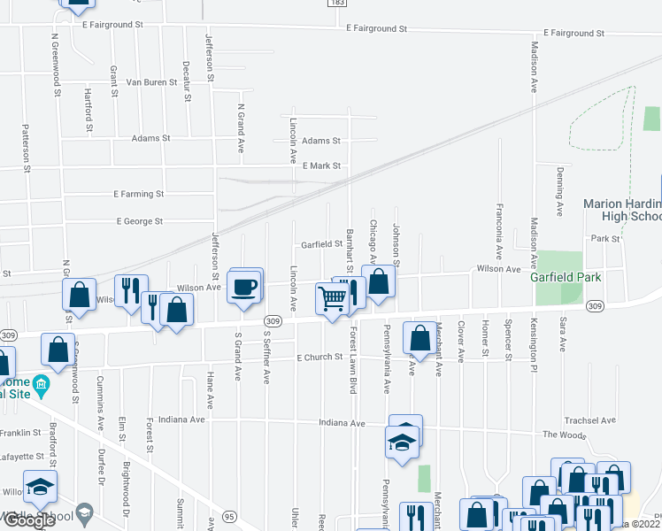 map of restaurants, bars, coffee shops, grocery stores, and more near 194 Benton Place in Marion