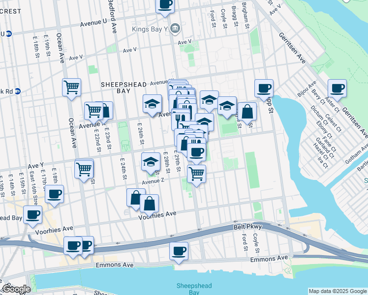 map of restaurants, bars, coffee shops, grocery stores, and more near 2501 East 29th Street in Brooklyn