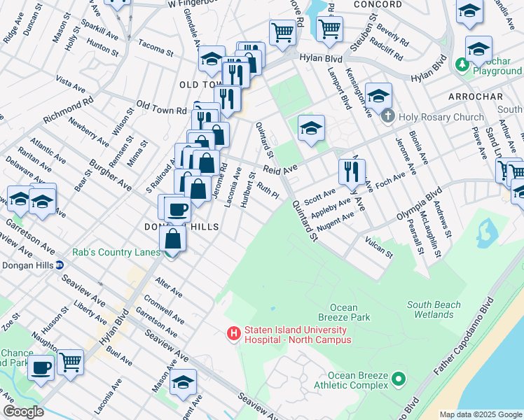 map of restaurants, bars, coffee shops, grocery stores, and more near 30 Xenia Street in Staten Island