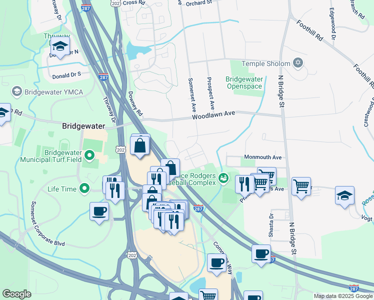 map of restaurants, bars, coffee shops, grocery stores, and more near 1305 Donegal Drive in Bridgewater