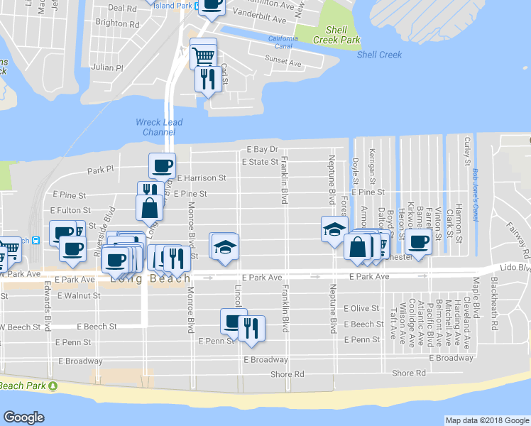 map of restaurants, bars, coffee shops, grocery stores, and more near 446 East Fulton Street in Long Beach