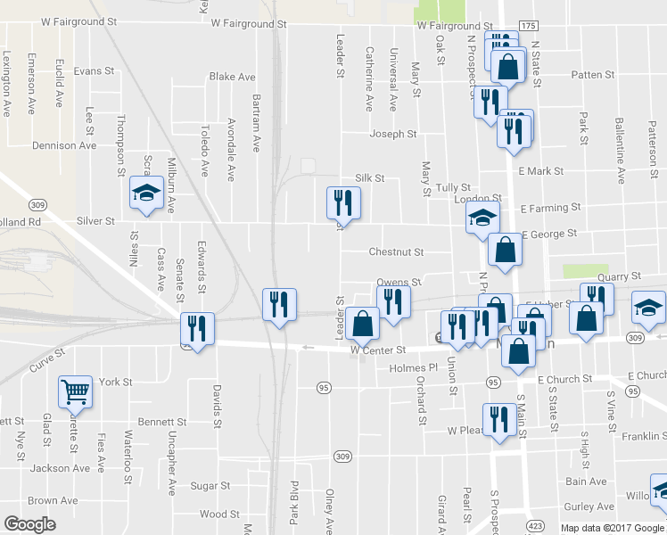 map of restaurants, bars, coffee shops, grocery stores, and more near 245 Leader Street in Marion