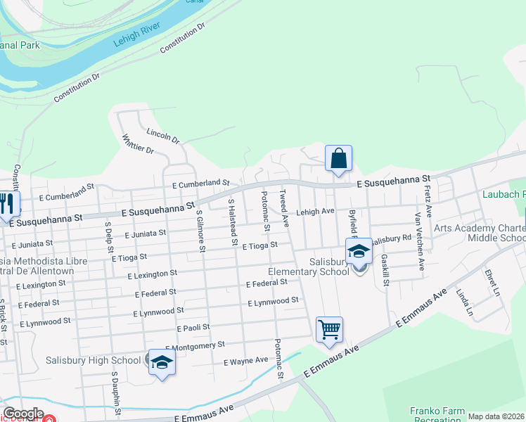 map of restaurants, bars, coffee shops, grocery stores, and more near 1240 Potomac Street in Allentown