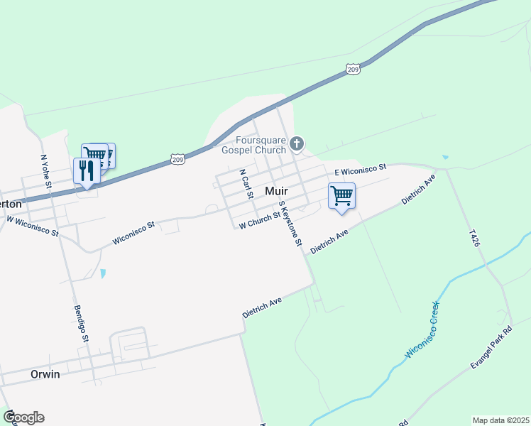 map of restaurants, bars, coffee shops, grocery stores, and more near 111 West Church Street in Muir