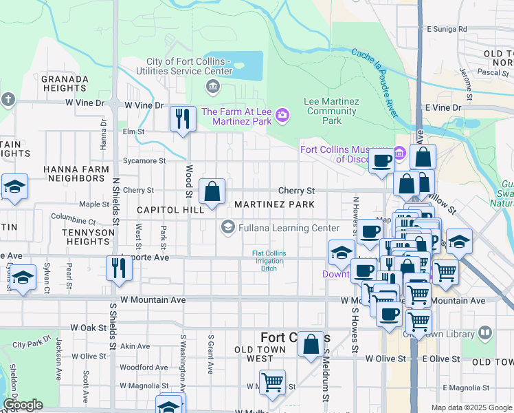 map of restaurants, bars, coffee shops, grocery stores, and more near 614 Maple Street in Fort Collins