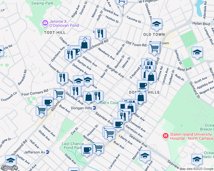 map of restaurants, bars, coffee shops, grocery stores, and more near 175 Delaware Avenue in Staten Island