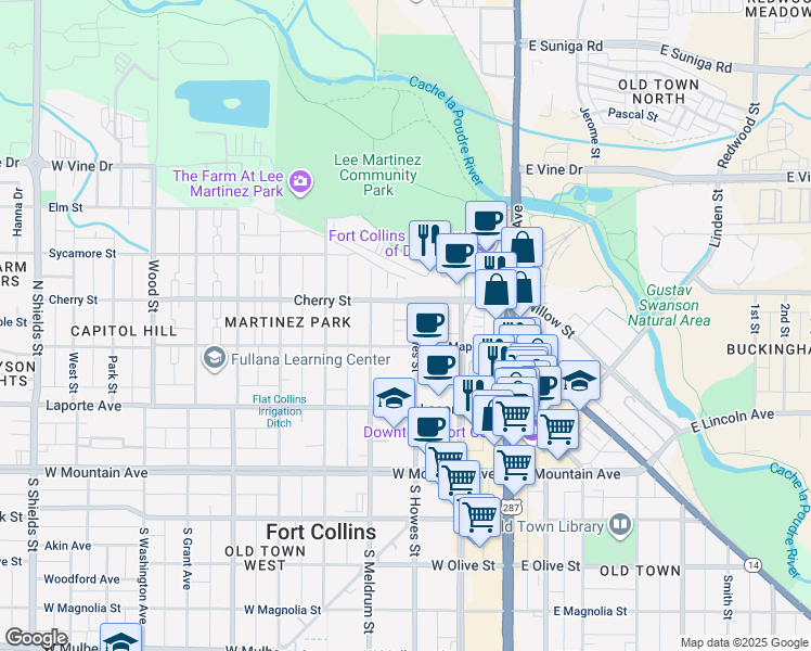 map of restaurants, bars, coffee shops, grocery stores, and more near 311 North Howes Street in Fort Collins