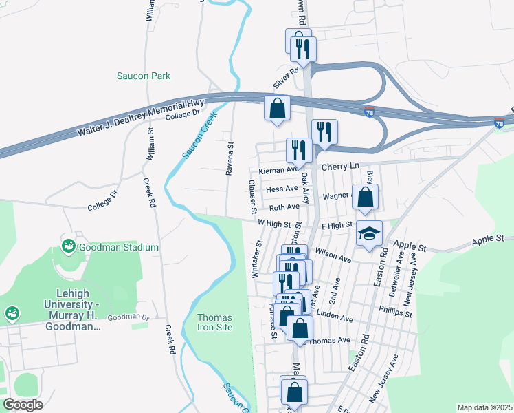 map of restaurants, bars, coffee shops, grocery stores, and more near 185 Roth Avenue in Hellertown