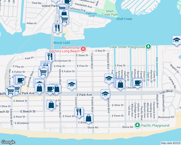 map of restaurants, bars, coffee shops, grocery stores, and more near 571 Franklin Boulevard in Long Beach