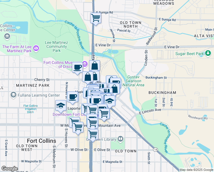map of restaurants, bars, coffee shops, grocery stores, and more near 112 E Willow Street in Fort Collins