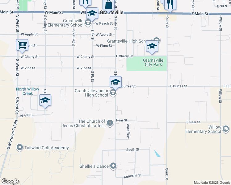 map of restaurants, bars, coffee shops, grocery stores, and more near 318 South Hale Street in Grantsville