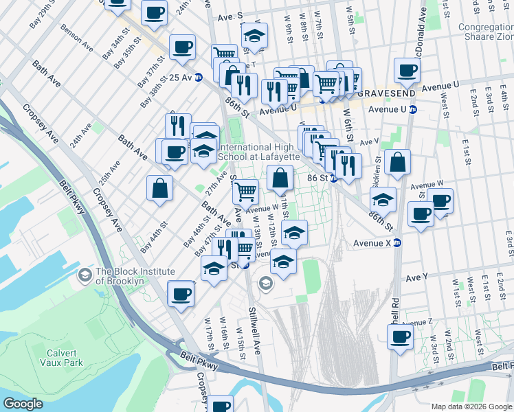 map of restaurants, bars, coffee shops, grocery stores, and more near 19 Avenue W in Brooklyn