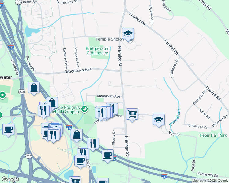 map of restaurants, bars, coffee shops, grocery stores, and more near 5 Hudson Street in Bridgewater Township
