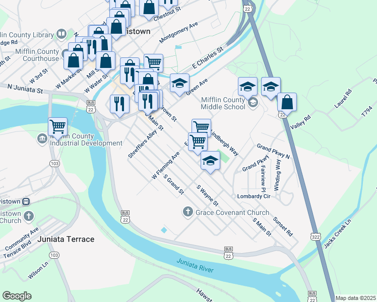 map of restaurants, bars, coffee shops, grocery stores, and more near 505 South Main Street in Lewistown