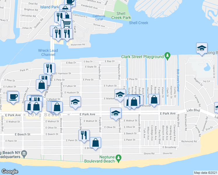 map of restaurants, bars, coffee shops, grocery stores, and more near 536 East Fulton Street in Long Beach