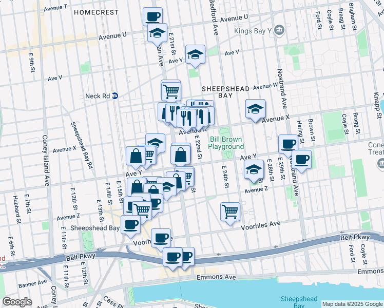 map of restaurants, bars, coffee shops, grocery stores, and more near 2499 East 21st Street in Brooklyn