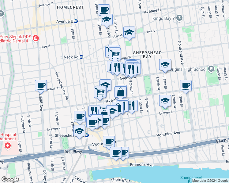 map of restaurants, bars, coffee shops, grocery stores, and more near 2850 Ocean Avenue in Brooklyn