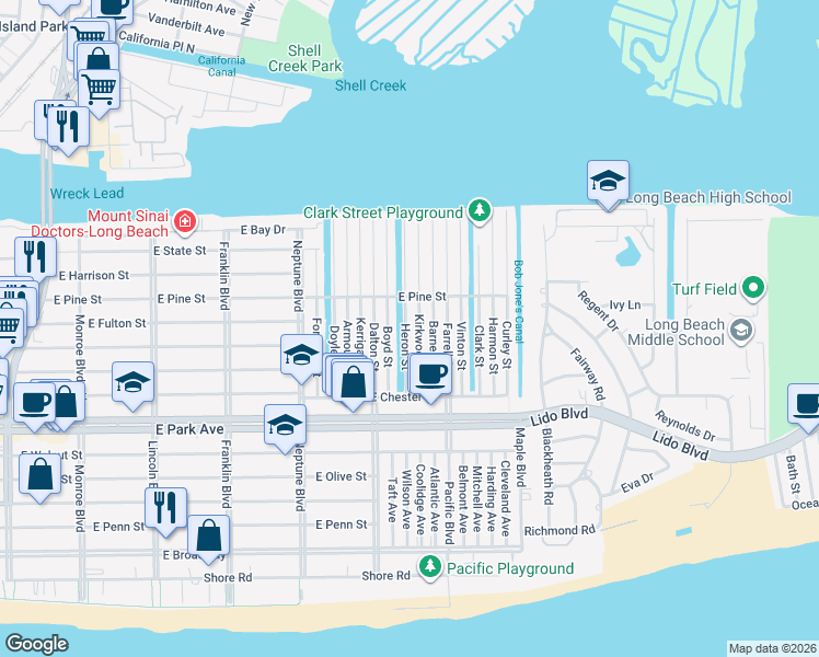 map of restaurants, bars, coffee shops, grocery stores, and more near 38 Heron Street in Long Beach