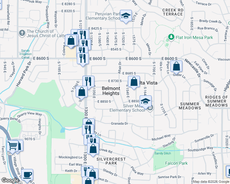 map of restaurants, bars, coffee shops, grocery stores, and more near 8797 South Capella Way in Sandy