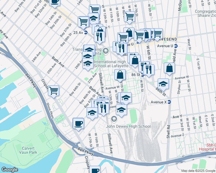 map of restaurants, bars, coffee shops, grocery stores, and more near 17 Avenue W in Brooklyn