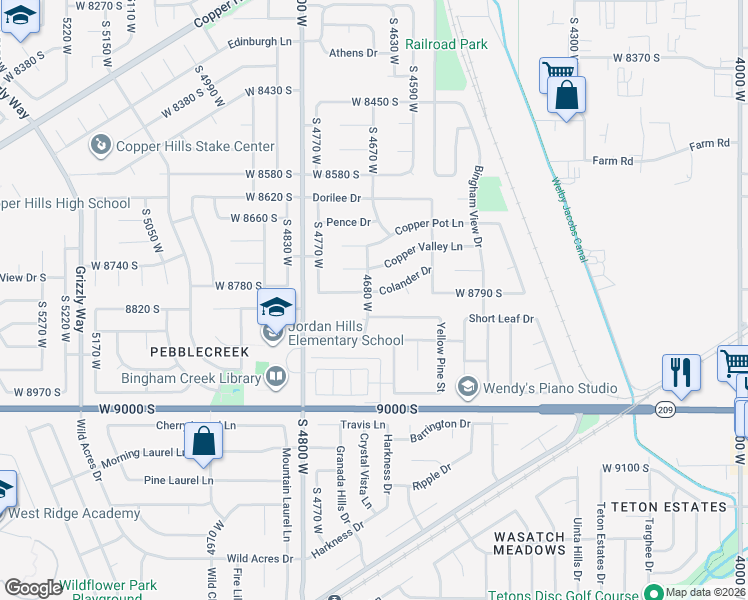 map of restaurants, bars, coffee shops, grocery stores, and more near 4665 Colander Drive in West Jordan