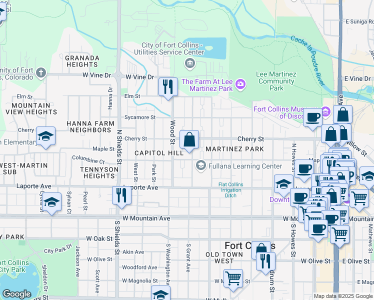 map of restaurants, bars, coffee shops, grocery stores, and more near 307 North Grant Avenue in Fort Collins