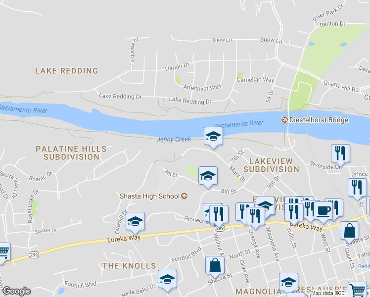 map of restaurants, bars, coffee shops, grocery stores, and more near 300 Overhill Drive in Redding