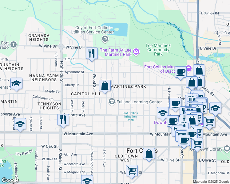 map of restaurants, bars, coffee shops, grocery stores, and more near 317 North Loomis Avenue in Fort Collins