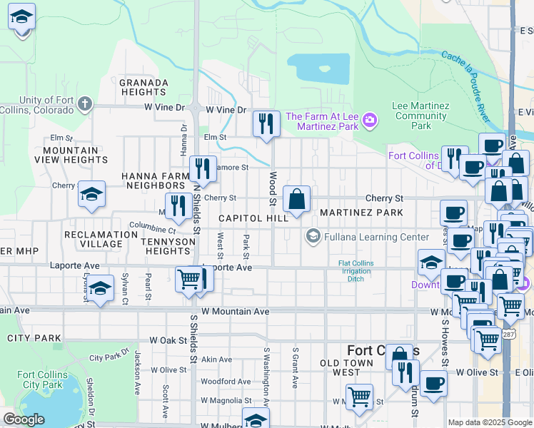 map of restaurants, bars, coffee shops, grocery stores, and more near 317 Wood Street in Fort Collins